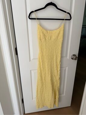 Sunny Yellow Textured Midi Slip Dress with Spaghetti Straps